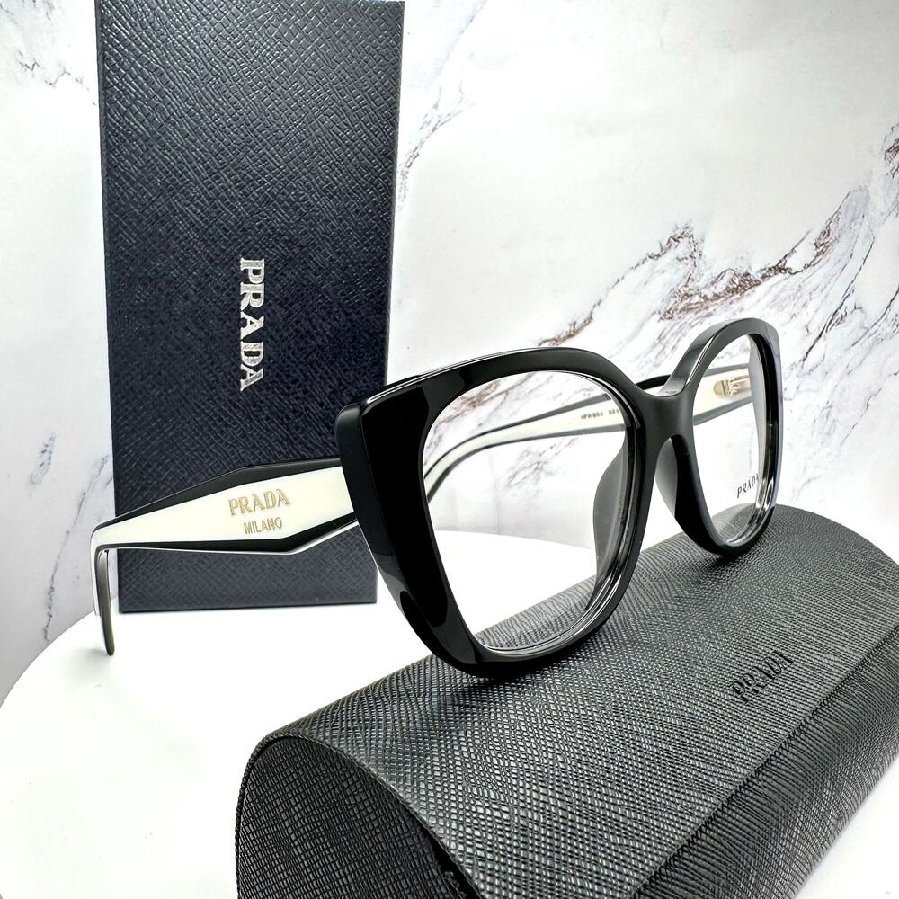 New PRADA Eyeglasses Cat Eye Black White Gold 53-17-140 Womens - Picture 1 of 16